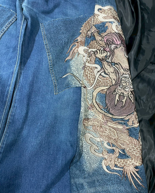 Custom jeans with Japanese wind god and thunder god embroidery design No.4