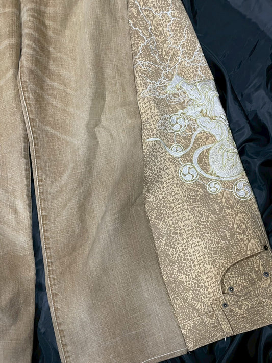 Custom jeans with Japanese wind god and thunder god embroidery design No.1