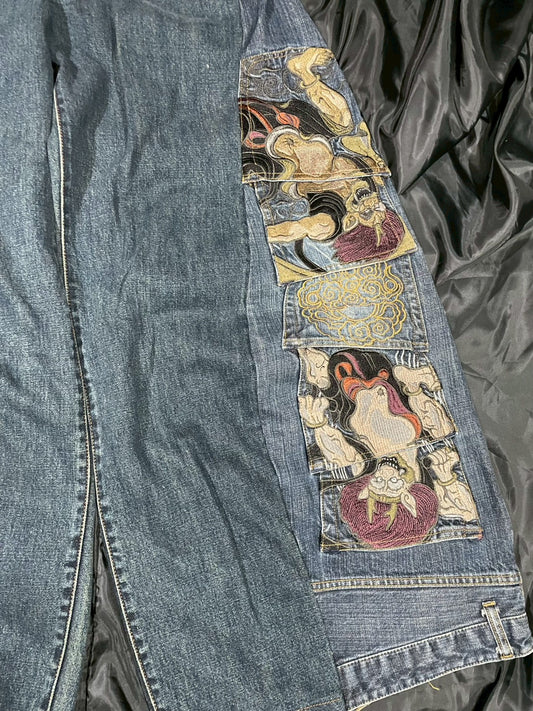 Custom jeans with Japanese wind god and thunder god embroidery design No.5
