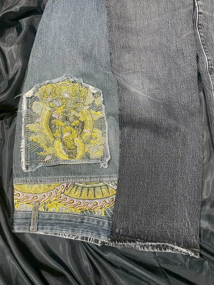 Custom jeans with Buddha statue embroidery design