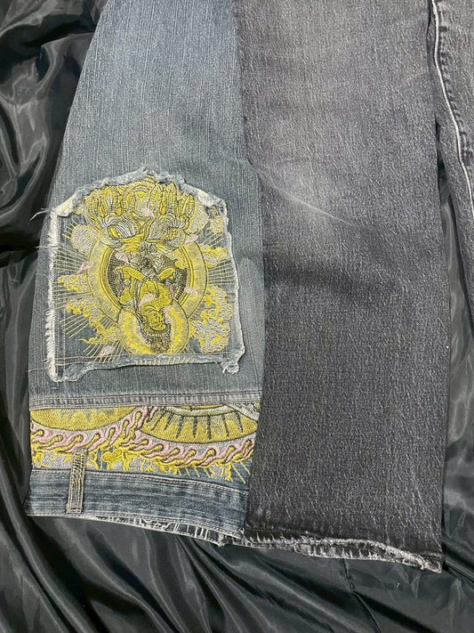 Custom jeans with Buddha statue embroidery design