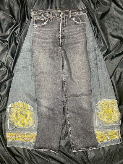 Custom jeans with Buddha statue embroidery design