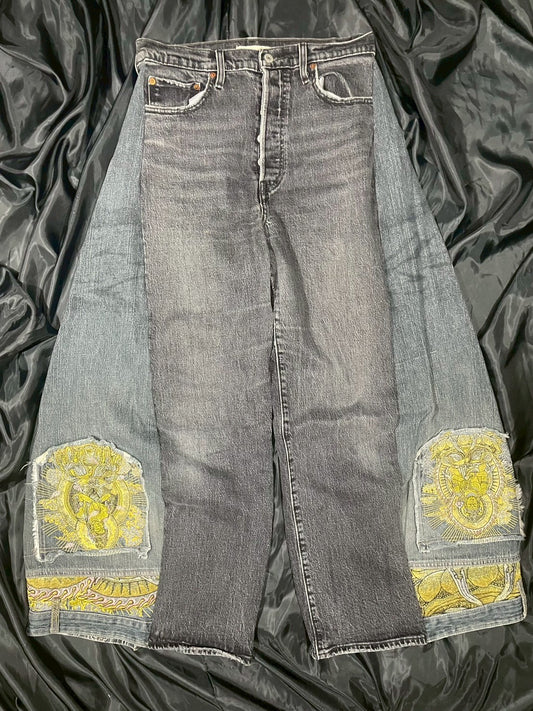 Custom jeans with Buddha statue embroidery design