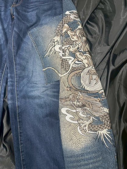 Custom jeans with Japanese wind god and thunder god and dragon embroidery design