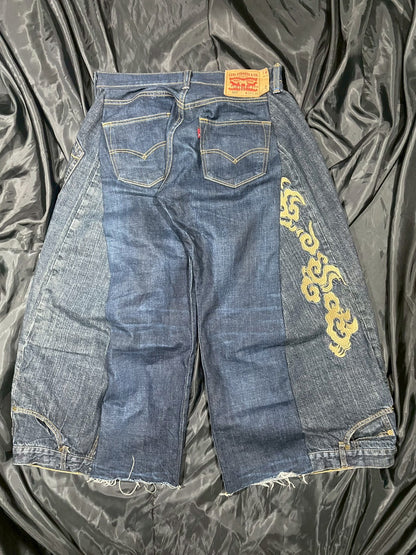 Custom jeans with Japanese wind god and thunder god embroidery design