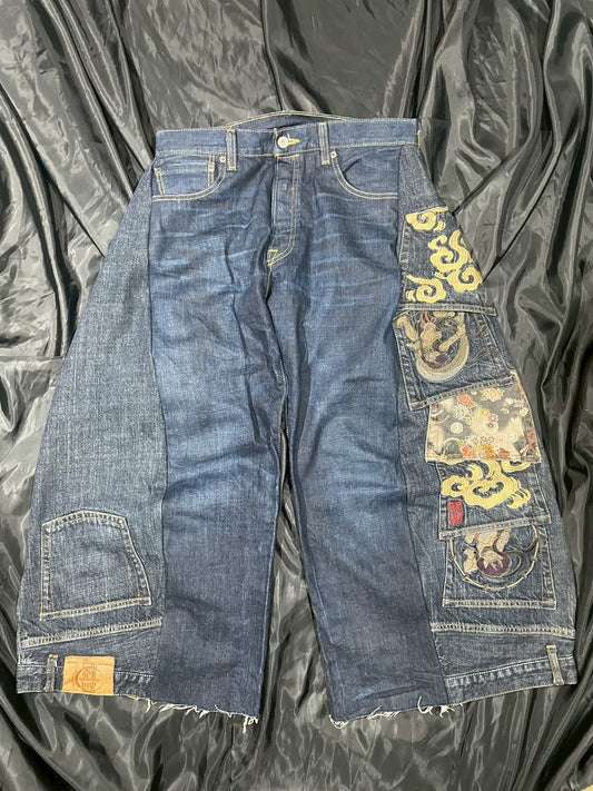 Custom jeans with Japanese wind god and thunder god embroidery design