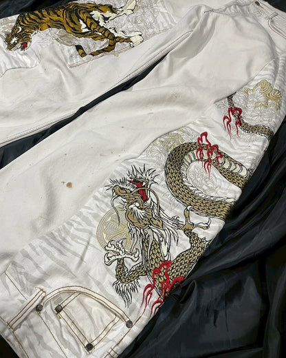 Custom jeans with tiger and dragon embroidery design