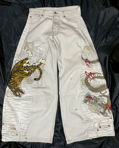 Custom jeans with tiger and dragon embroidery design