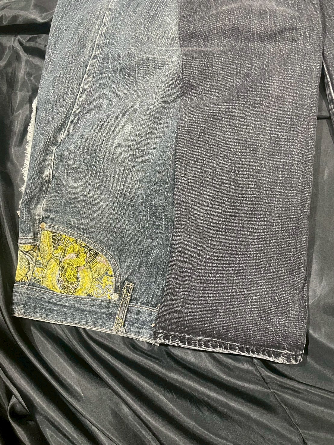 Custom jeans with Buddha statue embroidery design
