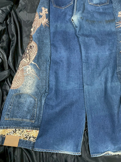 Custom jeans with Japanese wind god and thunder god embroidery design No.4