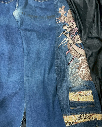Custom jeans with Japanese wind god and thunder god embroidery design No.4