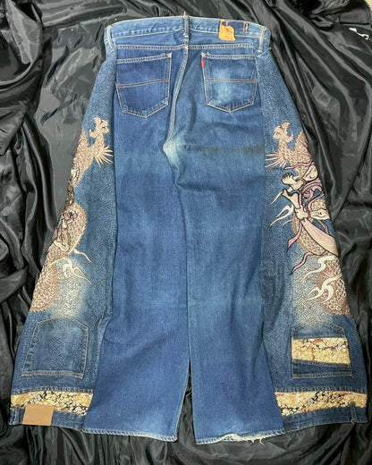 Custom jeans with Japanese wind god and thunder god embroidery design No.4