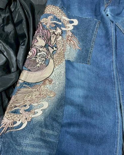 Custom jeans with Japanese wind god and thunder god embroidery design No.4