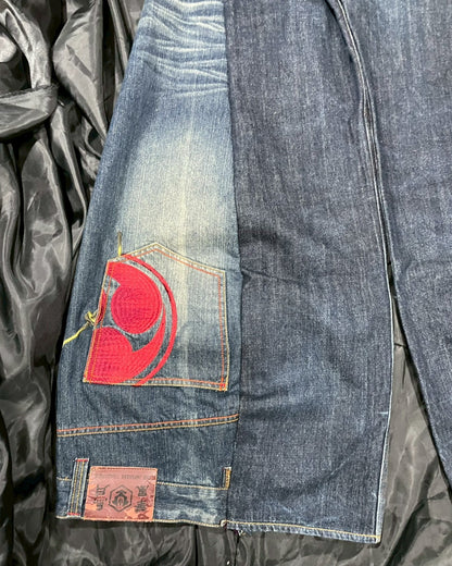 Custom jeans with Japanese wind god and thunder god embroidery design No.3