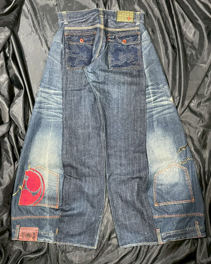 Custom jeans with Japanese wind god and thunder god embroidery design No.3