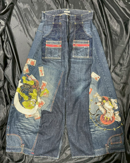 Custom jeans with Japanese wind god and thunder god embroidery design No.3