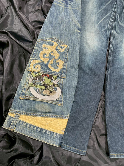 Custom jeans with Japanese wind god and thunder god embroidery design No.2