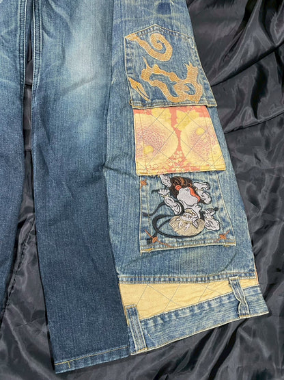 Custom jeans with Japanese wind god and thunder god embroidery design No.2