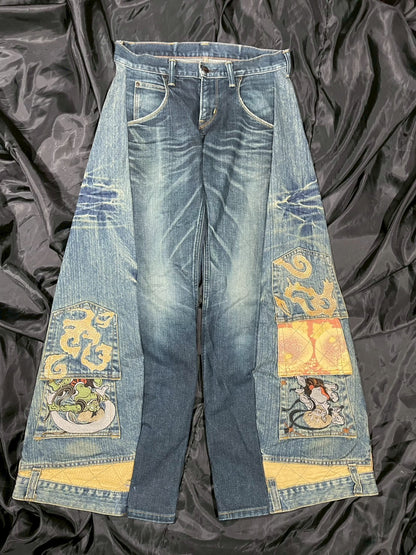 Custom jeans with Japanese wind god and thunder god embroidery design No.2