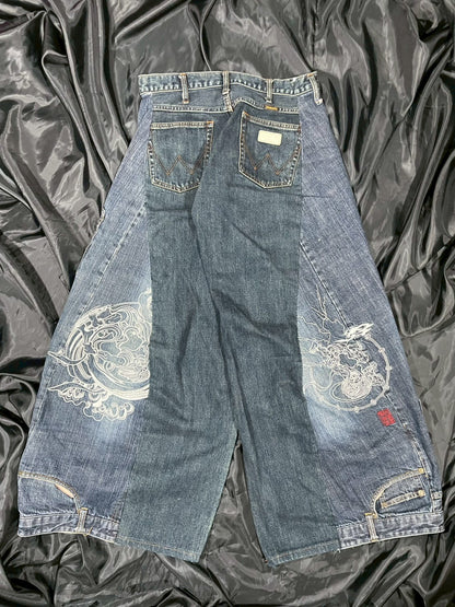 Custom jeans with Japanese wind god and thunder god embroidery design No.5