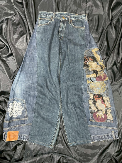 Custom jeans with Japanese wind god and thunder god embroidery design No.5