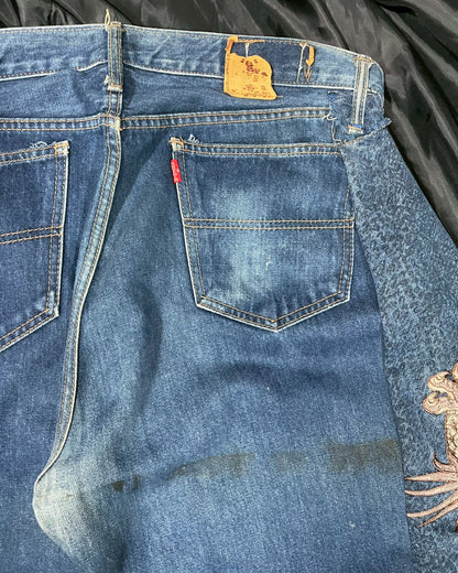 Custom jeans with Japanese wind god and thunder god embroidery design No.4